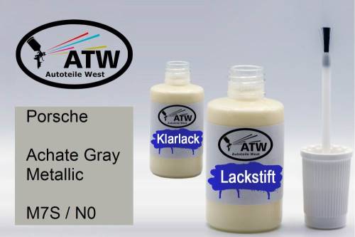 Porsche, Achate Gray Metallic, M7S / N0: 20ml Lackstift + 20ml Klarlack - Set, von ATW Autoteile West.